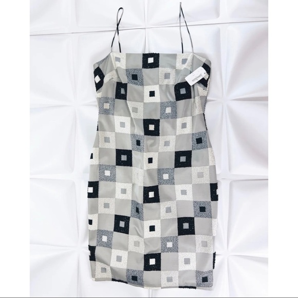 $390 NWT Shelli Segal Sz 4 Beaded 100% Silk Checkerboard Geometric Dress Y2K NEW - Picture 9 of 9